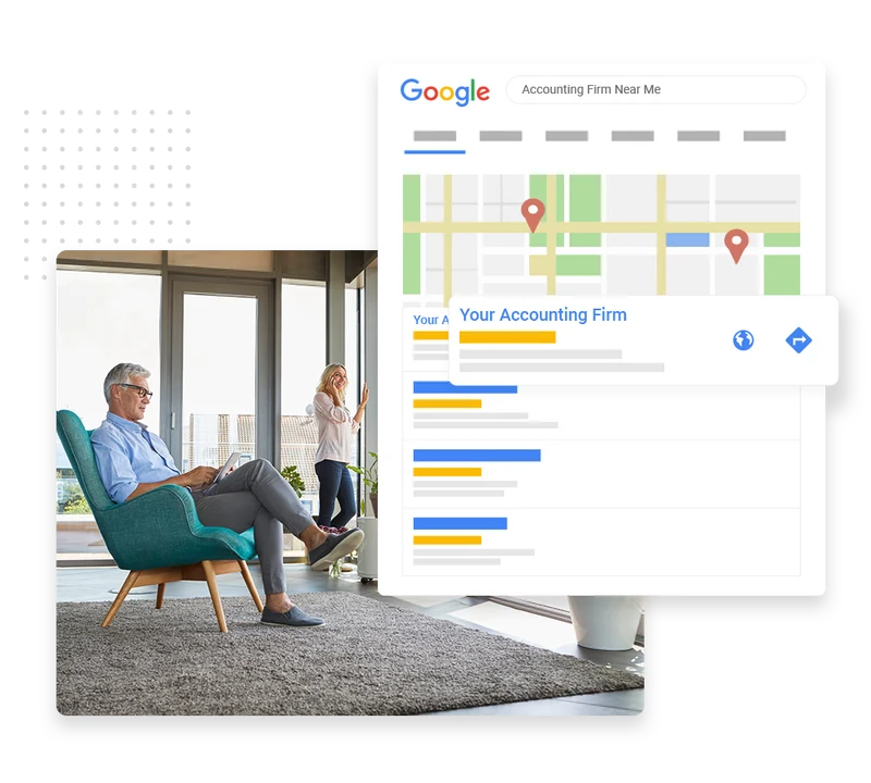 Accounting firm SEO example showing a local firm ranking in Google search results and Google Maps for an "accounting firm near me" search