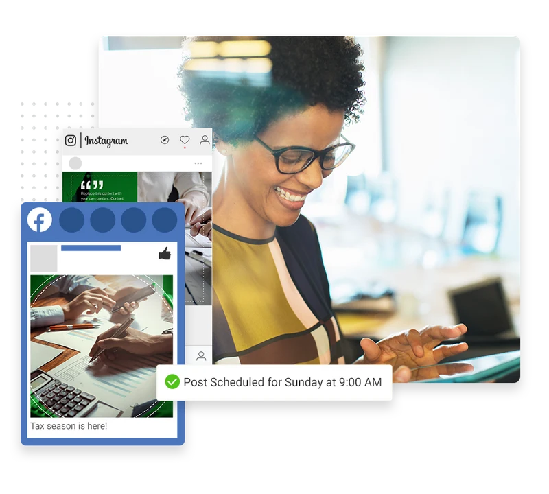 Accounting firm social media management example showing scheduled Facebook and Instagram posts about tax season