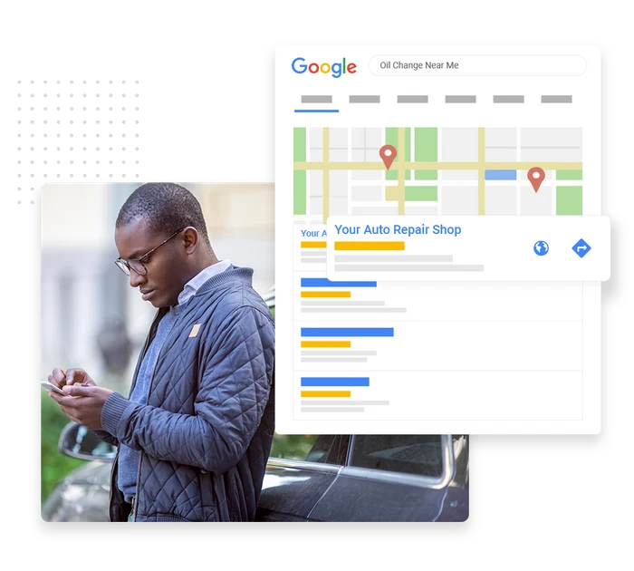 Auto repair shop local SEO example showing Google Maps rankings and a business listing for an auto repair shop