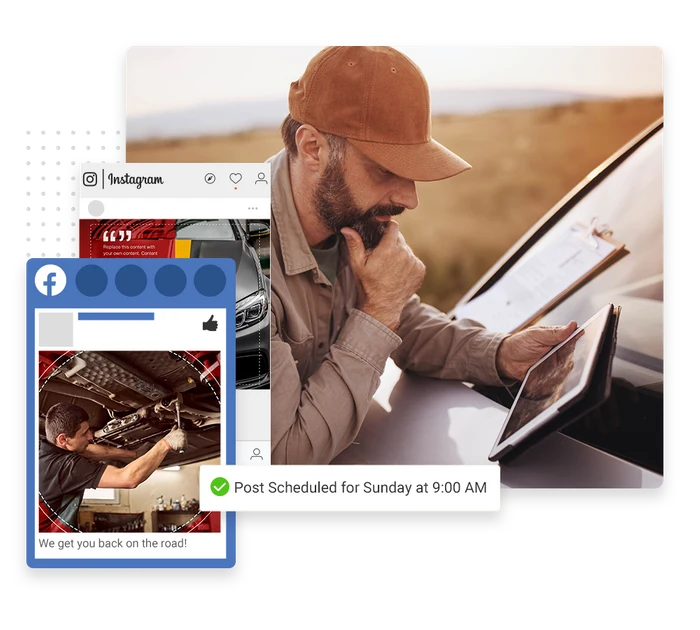 Auto repair shop social media management example showing a scheduled Facebook and Instagram post