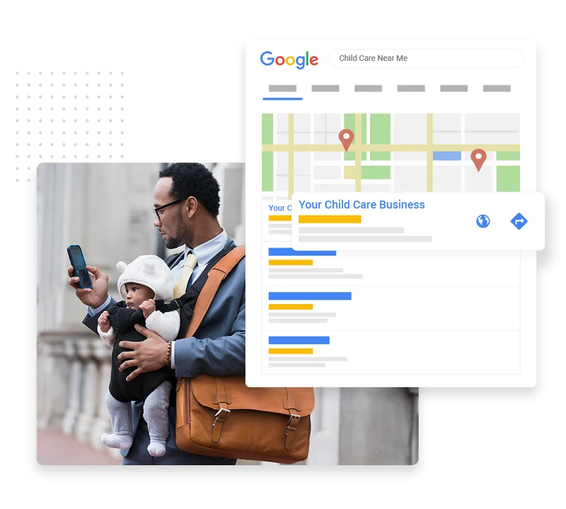 Local search results for "child care near me" showing a map listing, from Marketing 360's child care marketing page