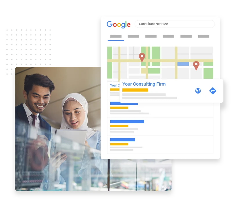 Local search result showing a consulting firm's Google Business Profile listing for a "Consultant Near Me" search