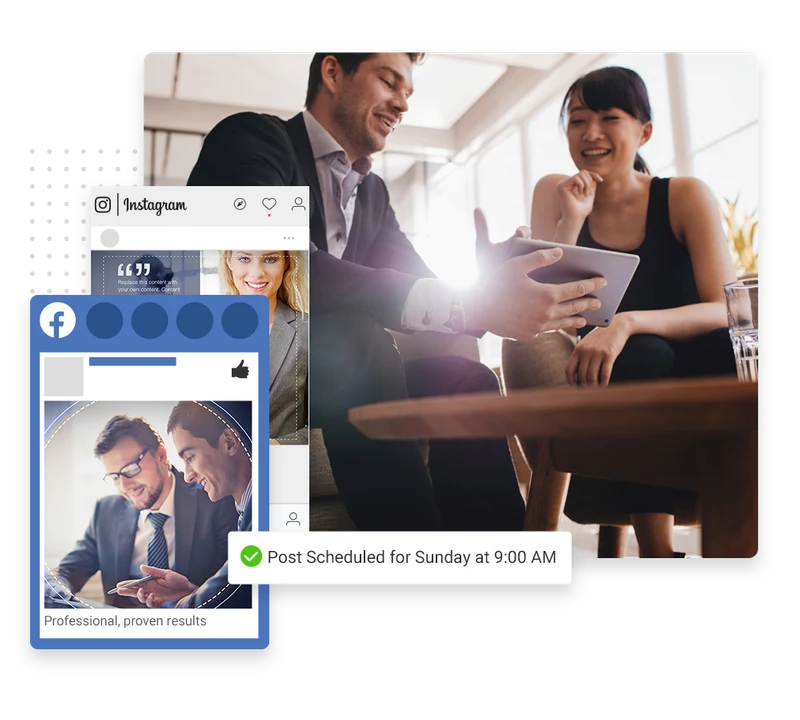 Consultant social media management example showing scheduled Facebook and Instagram posts for a consulting firm