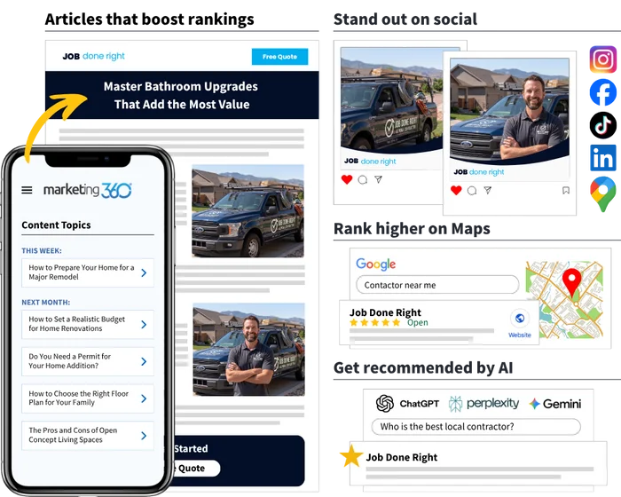 Contractor SEO and content marketing dashboard showing blog topics, Google Maps rankings, and AI search recommendations