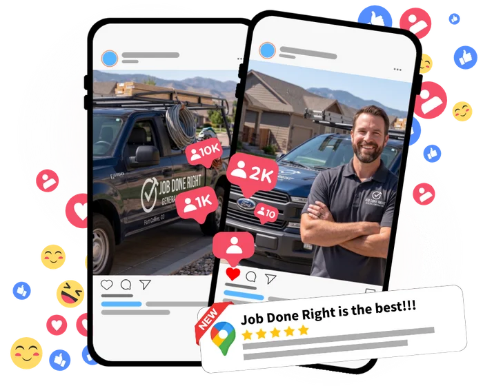Contractor social media management example showing Instagram and Facebook post engagement and a 5-star review