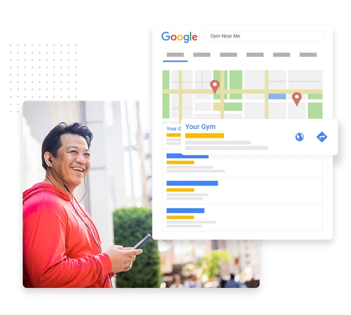 Fitness studio SEO example showing a gym's local search listing and map result for a "gym near me" search