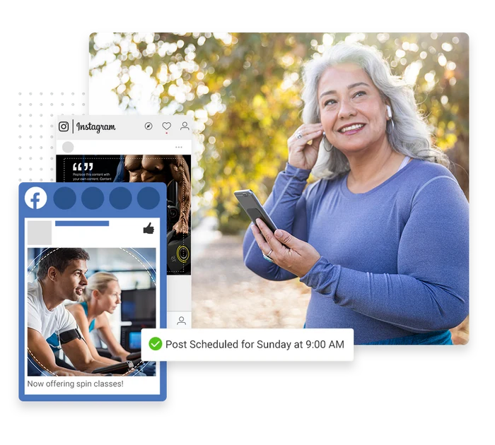 Fitness studio social media management example showing scheduled Facebook and Instagram posts for a gym