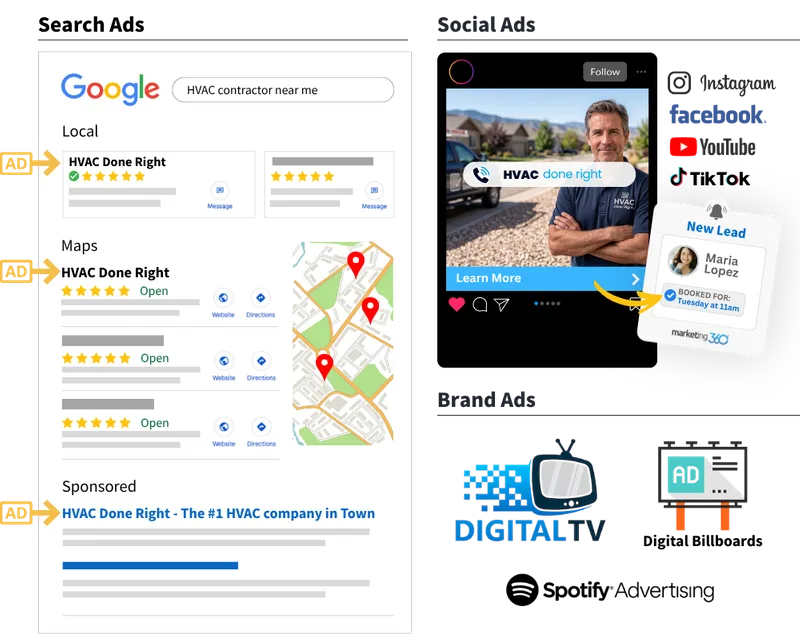 HVAC company advertising example across Google Search and social ad placements