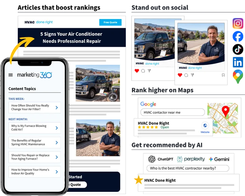 HVAC company SEO and content marketing dashboard showing blog topics and local search rankings