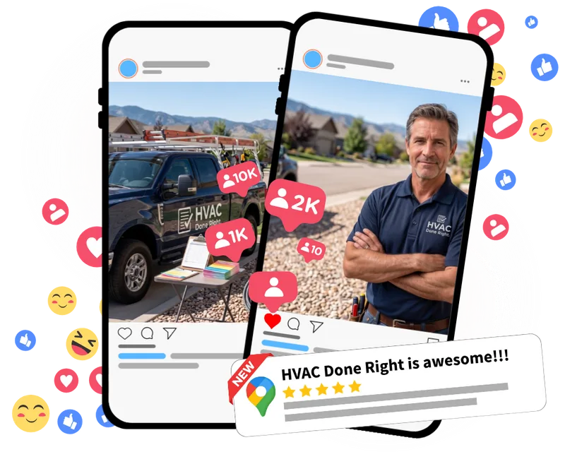 HVAC company social media and reputation management example showing scheduled posts and review tracking