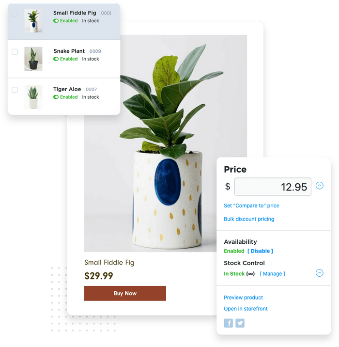 An online store product page and inventory management panel