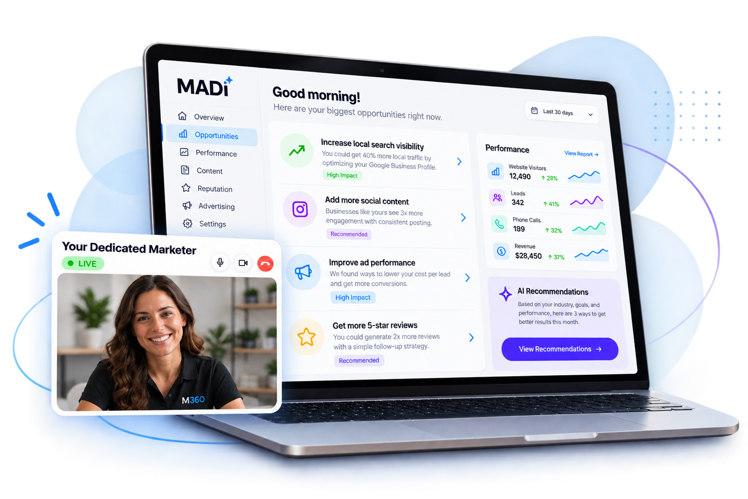 A MADi dashboard showing marketing opportunities, performance metrics, and AI recommendations next to a live video call with a dedicated Marketing 360 marketer