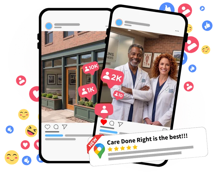 Medical practice social media management example showing patient-education posts and a 5-star review