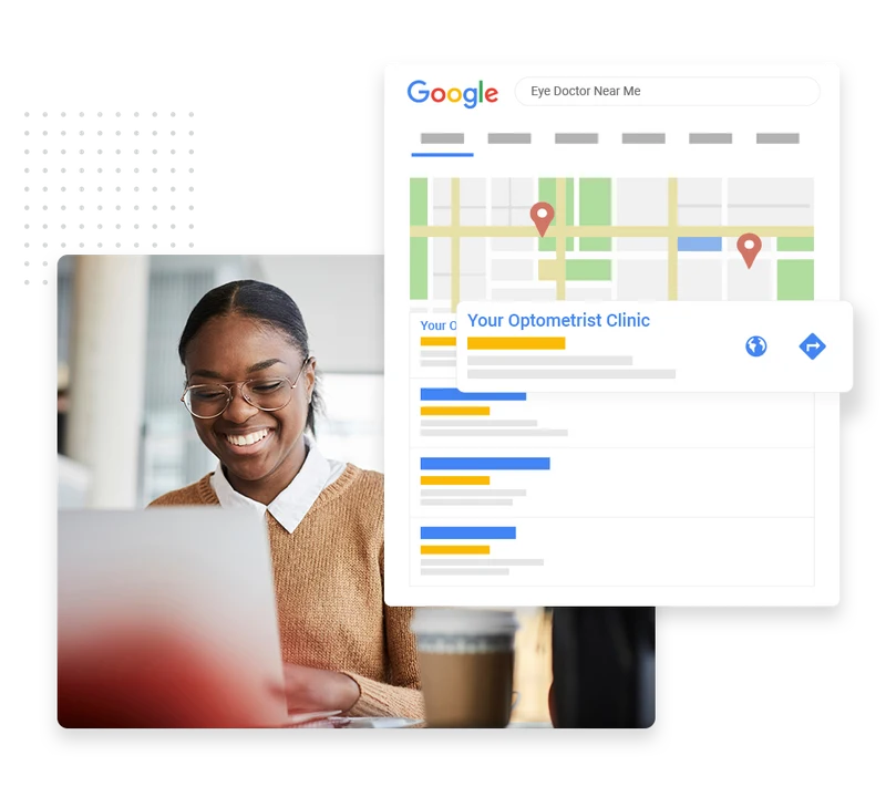 Optometrist SEO example showing a Google search for "Eye Doctor Near Me" with a local map listing