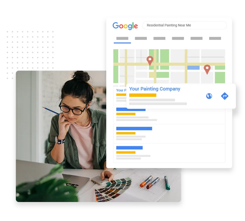 Painting contractor SEO and content marketing dashboard showing keyword rankings and content topics