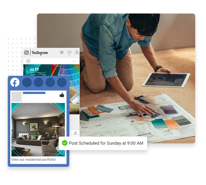 Painting contractor social media management example showing post engagement and review requests