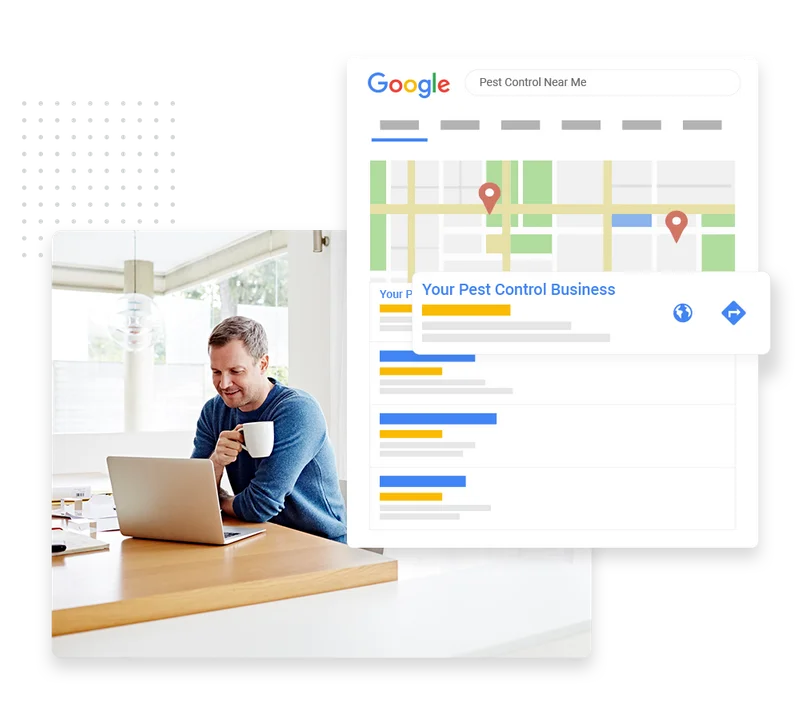 Pest control SEO and content marketing dashboard showing keyword rankings and content topics