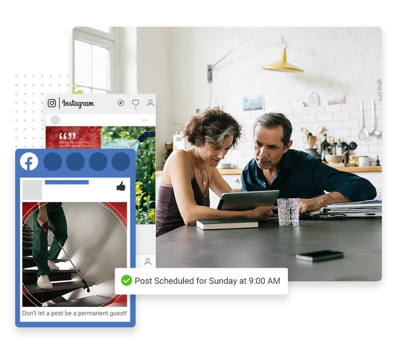 Pest control social media management example showing post engagement and review requests