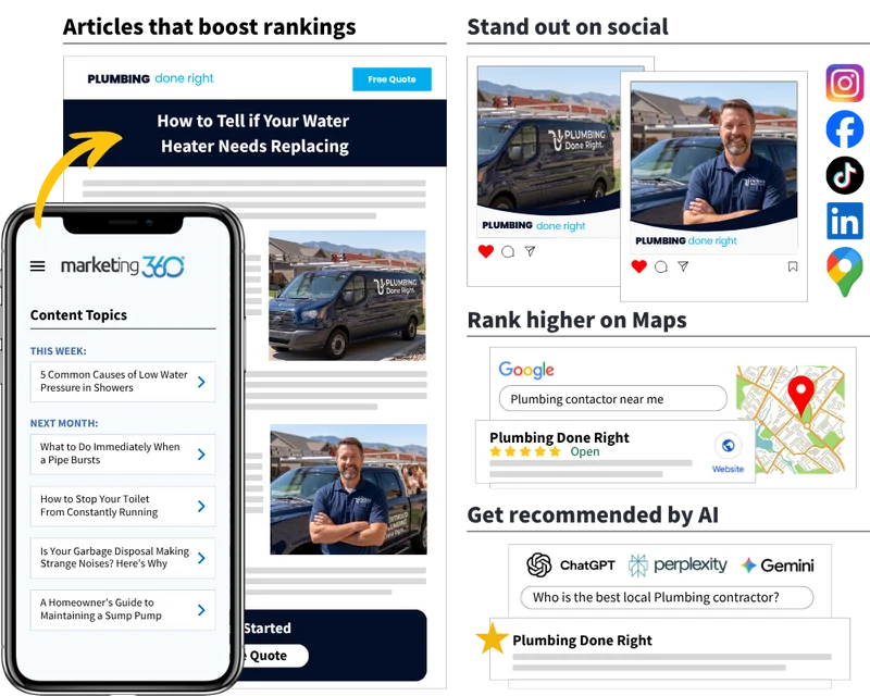 Plumbing SEO and content marketing dashboard showing blog topics, Google rankings, and AI search recommendations