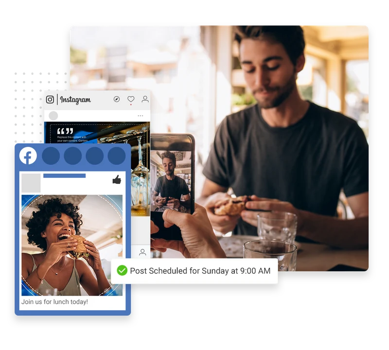 Restaurant social media management example showing scheduled Facebook and Instagram posts