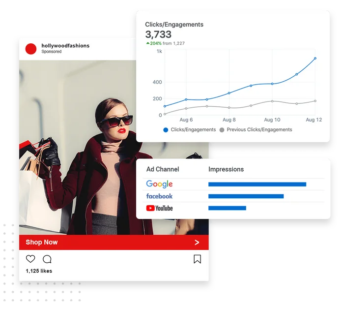 Advertising examples across Google Search Ads and Social Ads for a local business