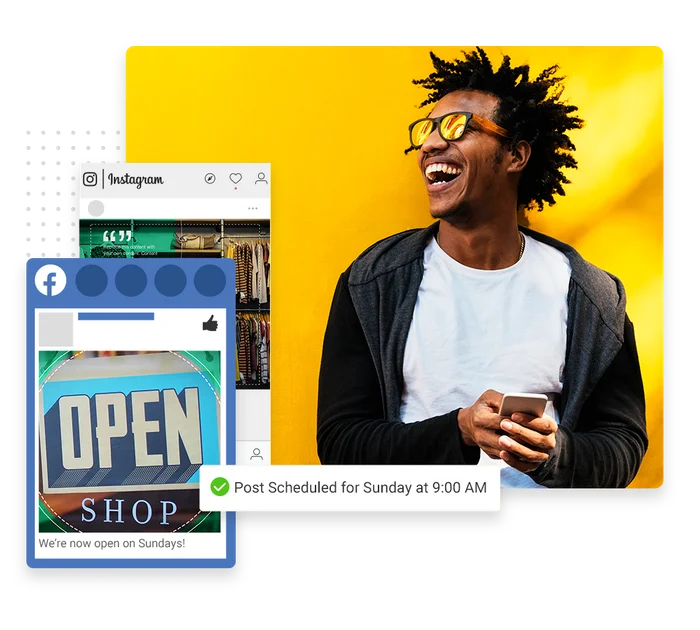 Retail store social media management example showing scheduled posts and a 5-star review