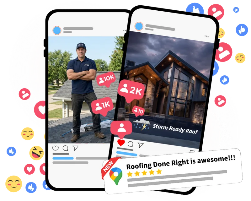 Roofing social media management example showing Facebook and Instagram post engagement and a 5-star review
