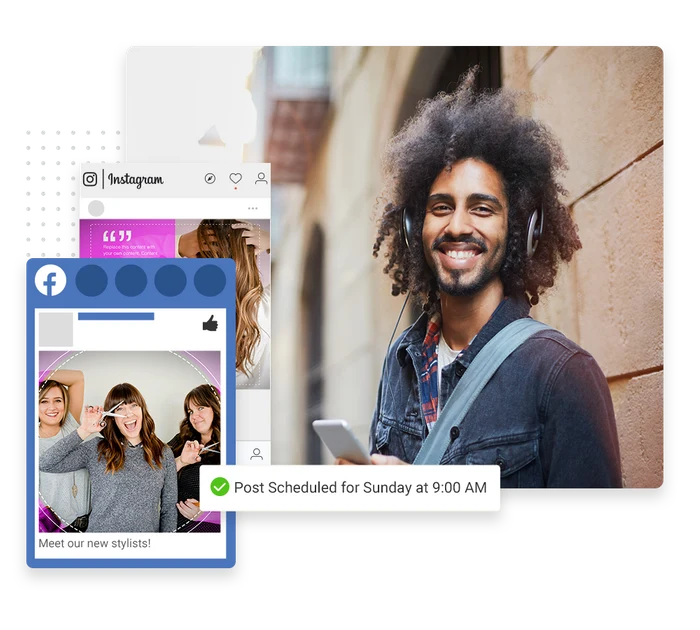 Salon social media management example showing scheduled Facebook and Instagram posts