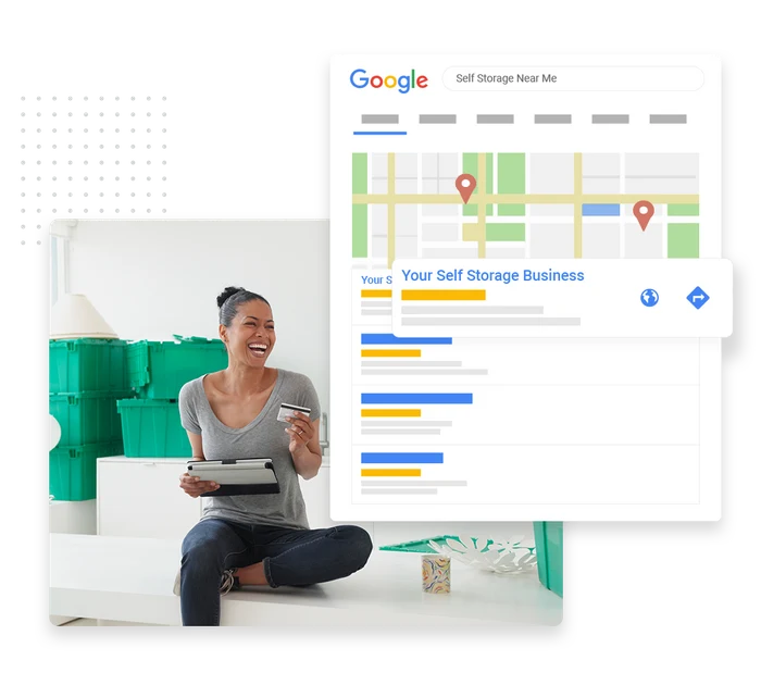 Self storage SEO and local search example showing a Google Maps result for a self storage business