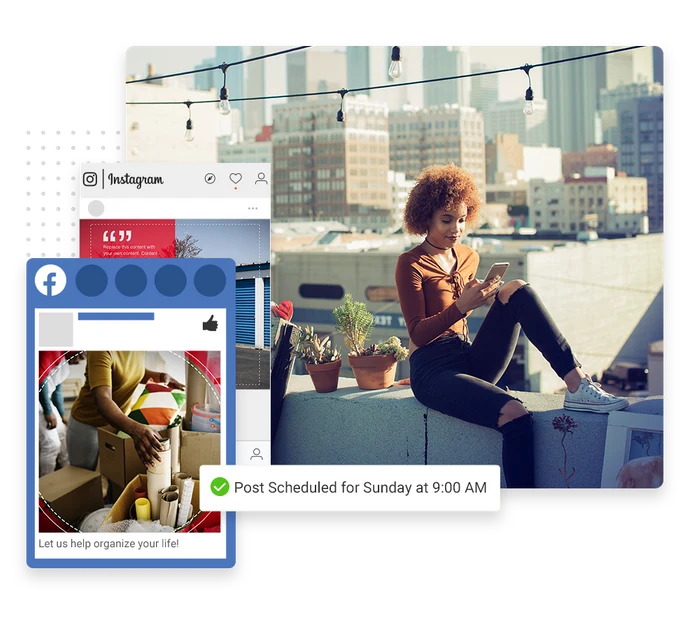 Self storage social media management example showing scheduled posts and a 5-star review