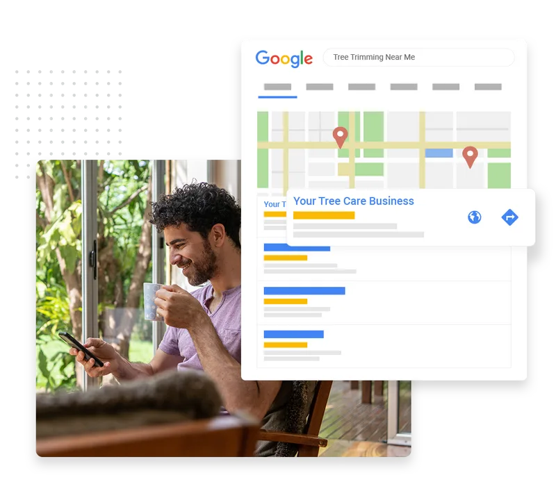 Tree service SEO example showing a business ranking at the top of Google Maps results for a tree trimming search