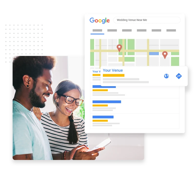 Event venue SEO example showing local search rankings for a "wedding venue near me" search