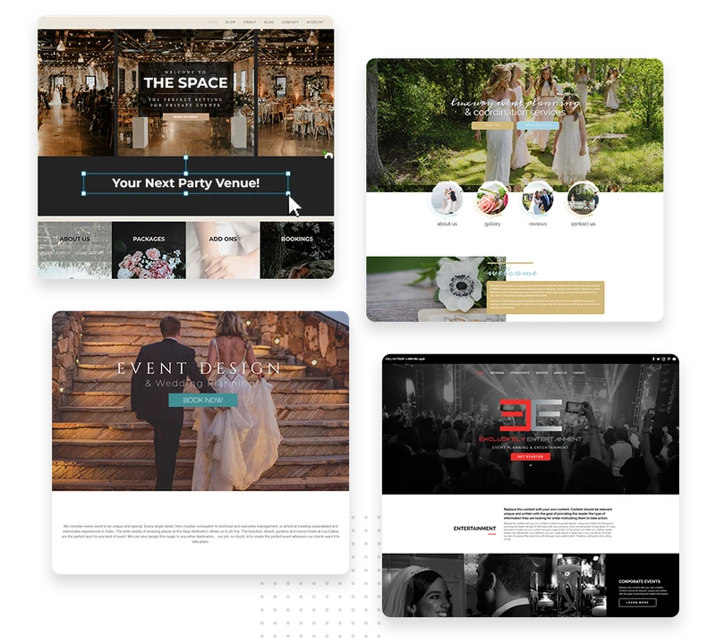Example event venue website designs with photo galleries and booking pages, built by Marketing 360