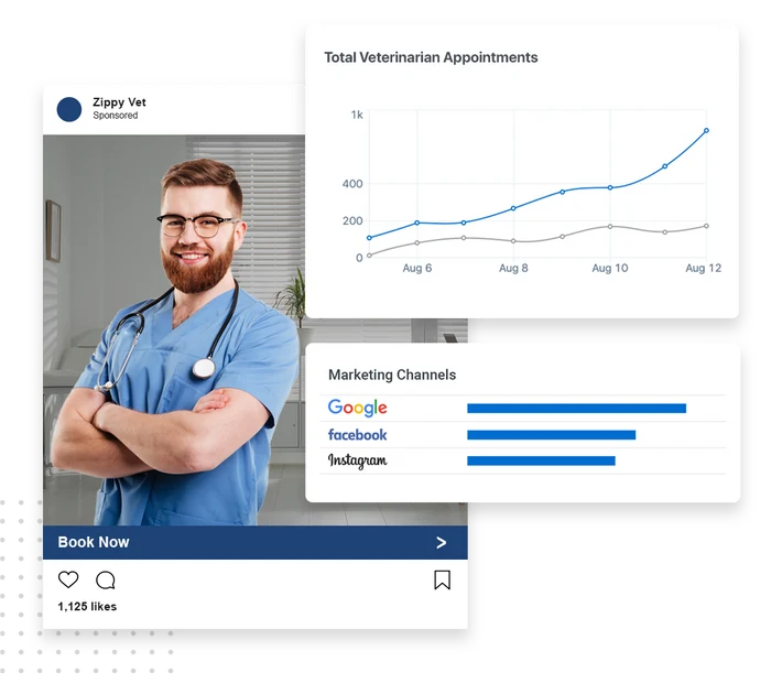 Veterinary website and marketing example showing online appointment booking and growth in booked appointments